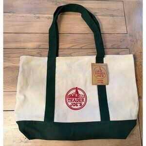 Trader Joe’s Canvas Reusable Tote Bag Green Trim Embroidered Logo 20” x 14” NEW